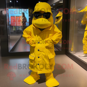 Yellow Marine Recon mascot costume character dressed with a Raincoat and Scarves