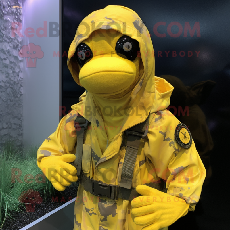 Yellow Marine Recon mascot costume character dressed with a Raincoat and Scarves