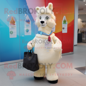 Cream Llama mascot costume character dressed with a T-Shirt and Handbags