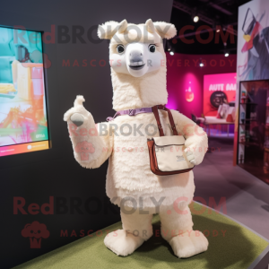 Cream Llama mascot costume character dressed with a T-Shirt and Handbags