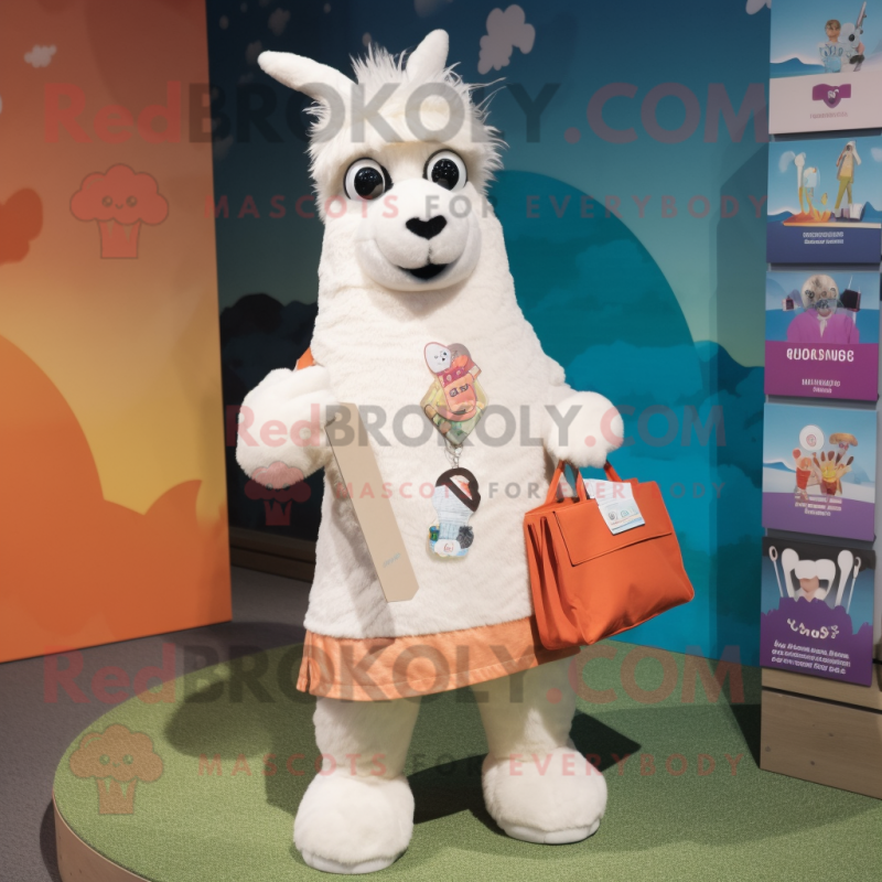 Cream Llama mascot costume character dressed with a T-Shirt and Handbags