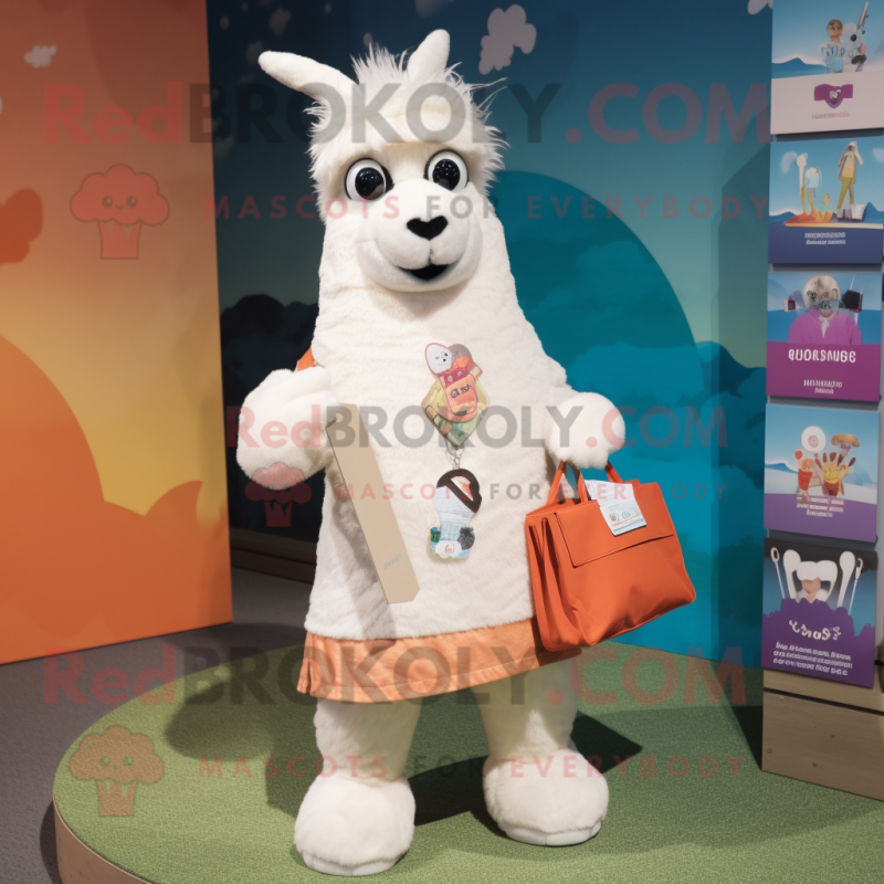 Cream Llama mascot costume character dressed with a T-Shirt and Handbags Cream Llama mascot costume character dressed with a T-Shirt and Handbags