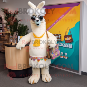 Cream Llama mascot costume character dressed with a T-Shirt and Handbags