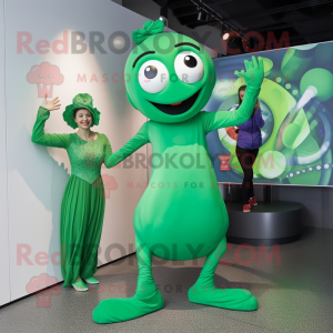 Green Contortionist mascot costume character dressed with a Mini Dress and Brooches