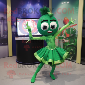 Green Contortionist mascot costume character dressed with a Mini Dress and Brooches
