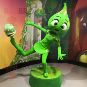 Green Contortionist mascot costume character dressed with a Mini Dress and Brooches