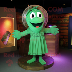 Green Plate Spinner mascot costume character dressed with a Cargo Pants and Shawls