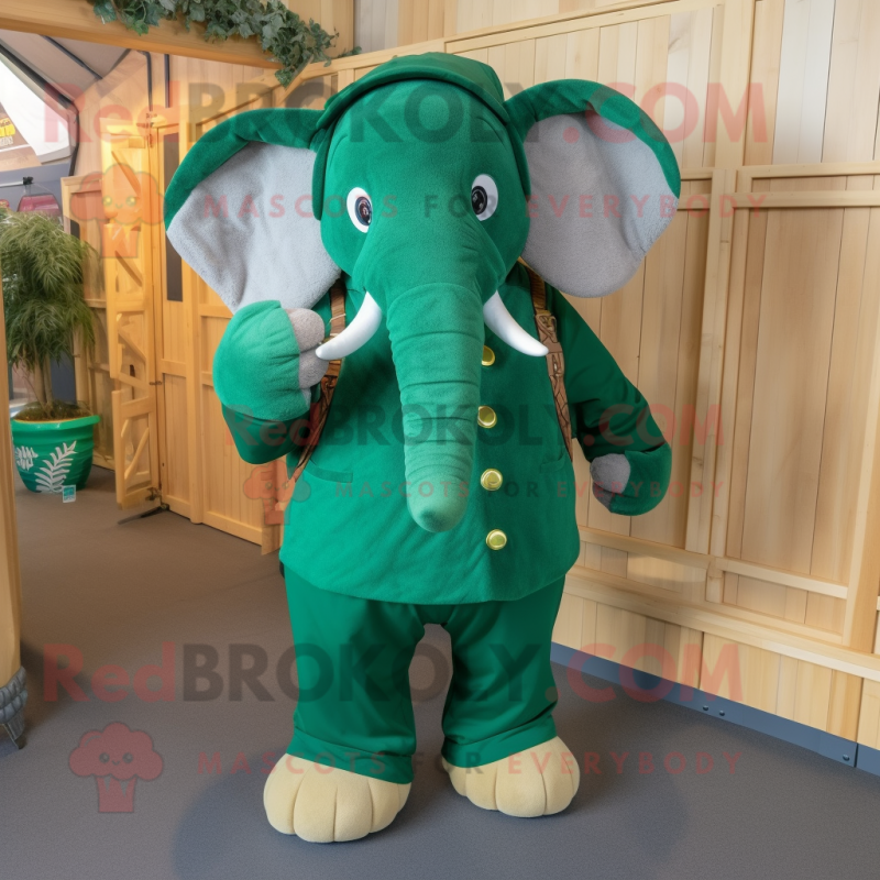 Forest Green Elephant mascot costume character dressed with a Dungarees and Earrings