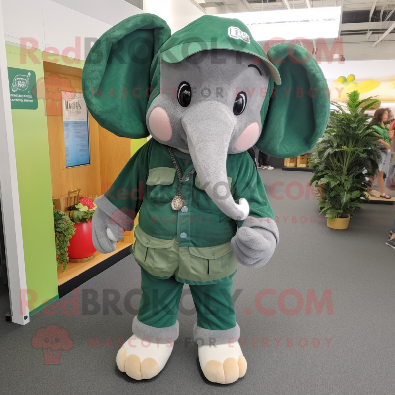 Forest Green Elephant mascot costume character dressed with a Dungarees and Earrings