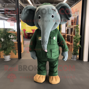 Forest Green Elephant mascot costume character dressed with a Dungarees and Earrings