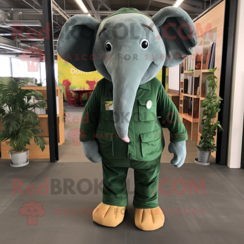 Forest Green Elephant mascot costume character dressed with a Dungarees and Earrings Forest Green Elephant mascot costume character dressed with a Dungarees and Earrings
