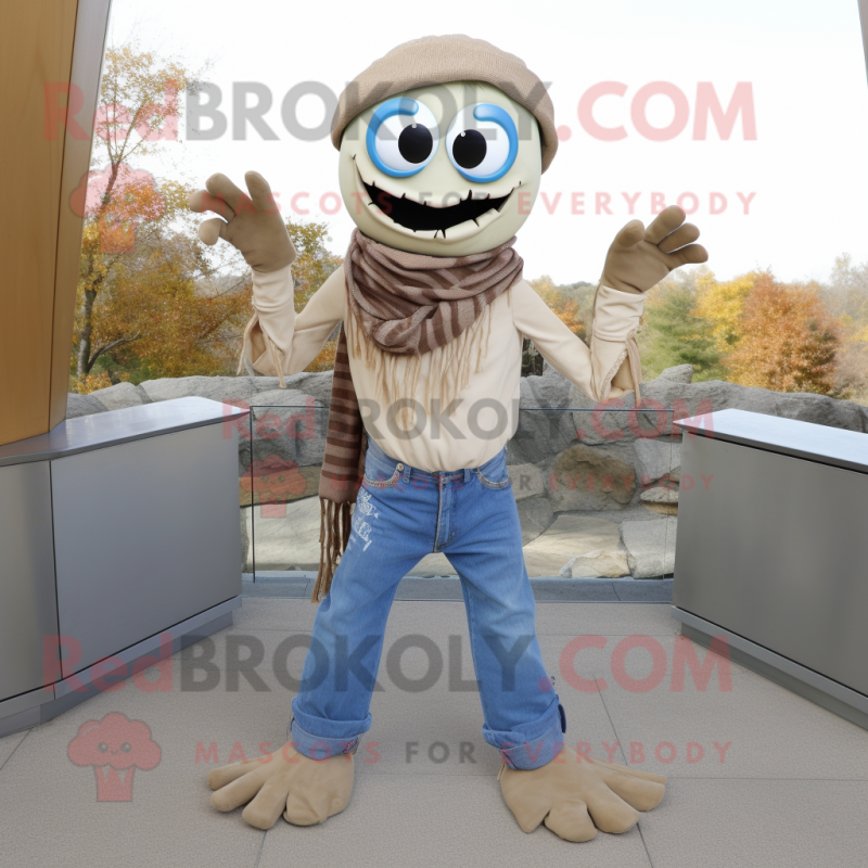 Tan Graveyard mascot costume character dressed with a Boyfriend Jeans and Scarf clips