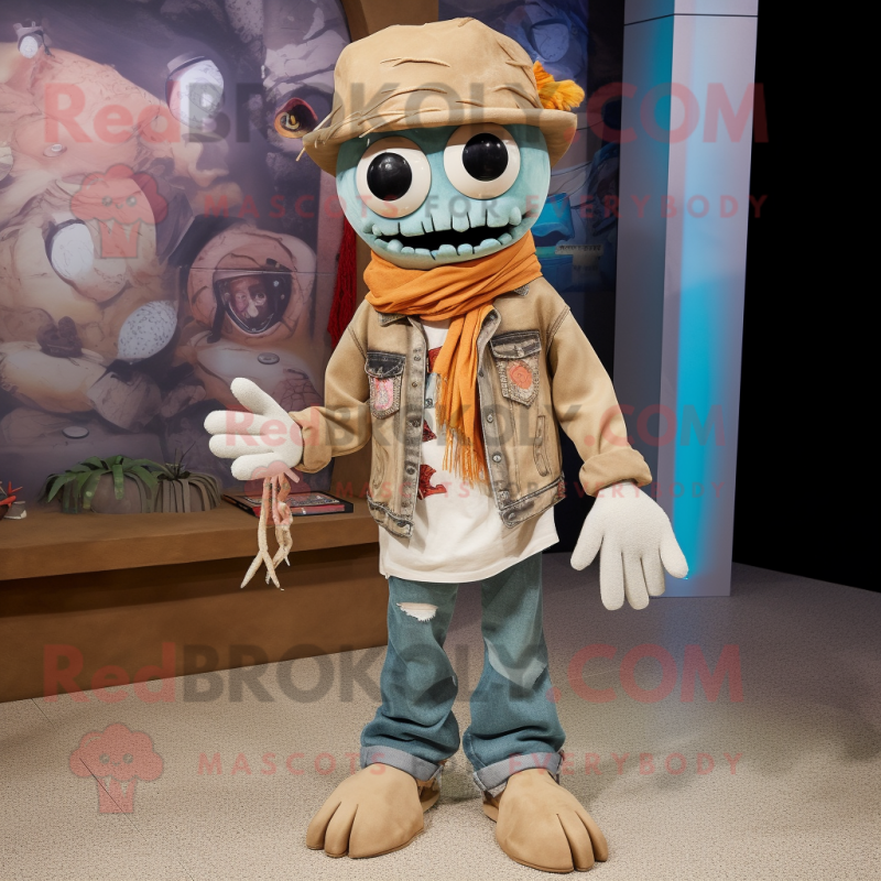 Tan Graveyard mascot costume character dressed with a Boyfriend Jeans and Scarf clips