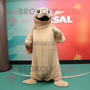 Beige Stellar'S Sea Cow mascot costume character dressed with a Evening Gown and Gloves