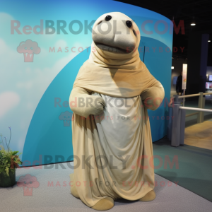 Beige Stellar'S Sea Cow mascot costume character dressed with a Evening Gown and Gloves