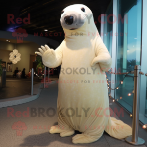 Beige Stellar'S Sea Cow mascot costume character dressed with a Evening Gown and Gloves
