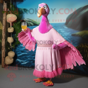 Pink Dodo Bird mascot costume character dressed with a Cocktail Dress and Shawls