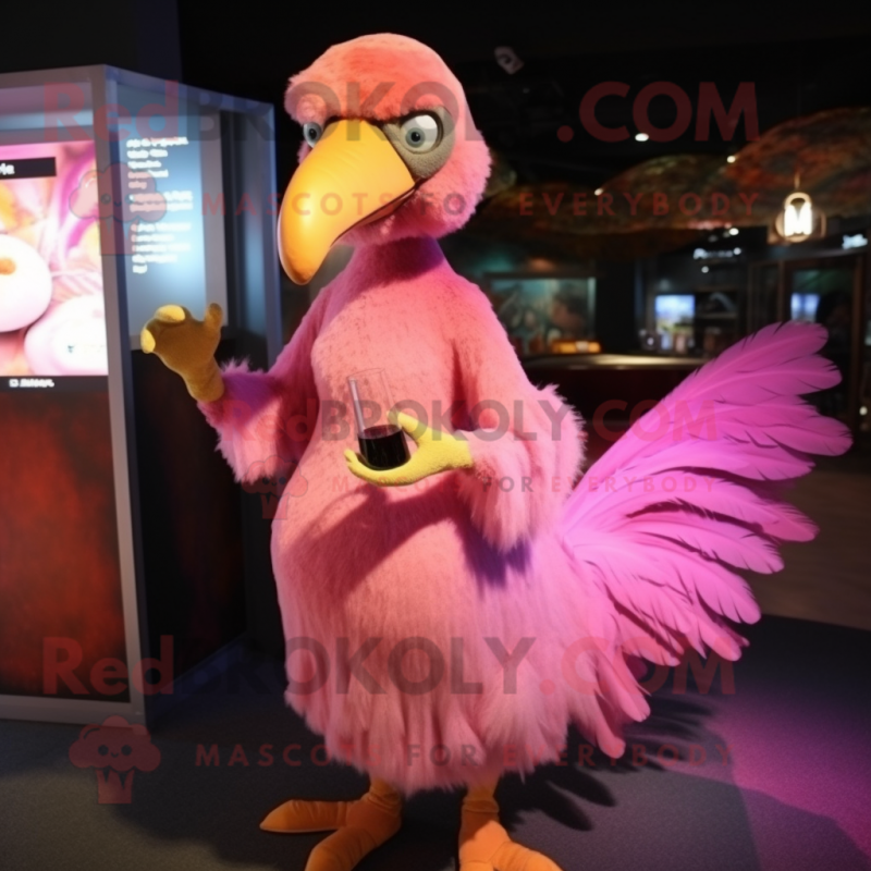 Pink Dodo Bird mascot costume character dressed with a Cocktail Dress and Shawls