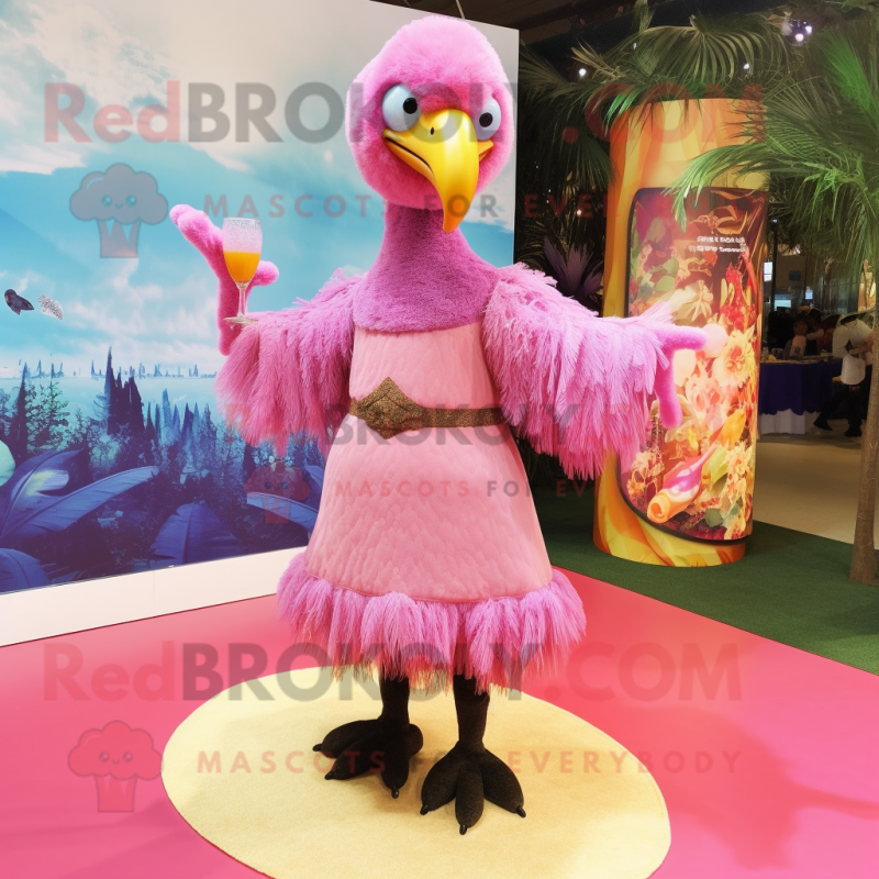 Pink Dodo Bird mascot costume character dressed with a Cocktail Dress and Shawls