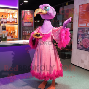 Pink Dodo Bird mascot costume character dressed with a Cocktail Dress and Shawls