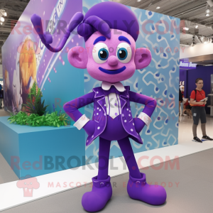 Purple Contortionist mascot costume character dressed with a Playsuit and Bow ties