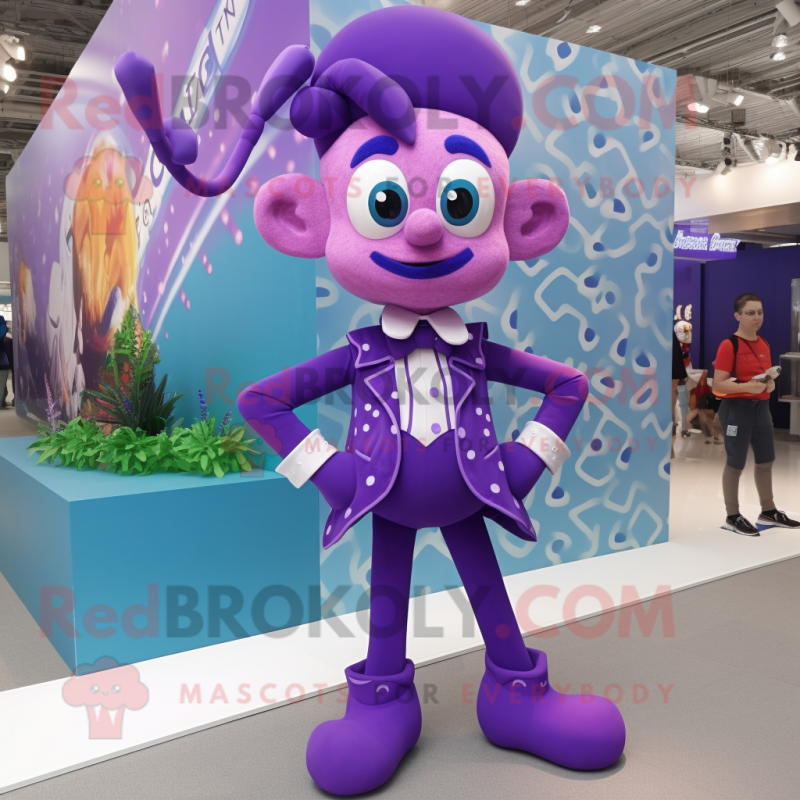 Purple Contortionist mascot costume character dressed with a Playsuit and Bow ties Purple Contortionist mascot costume character dressed with a Playsuit and Bow ties