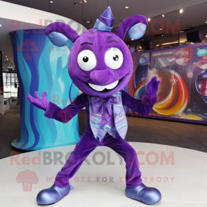 Purple Contortionist mascot costume character dressed with a Playsuit and Bow ties