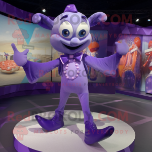 Purple Contortionist mascot costume character dressed with a Playsuit and Bow ties