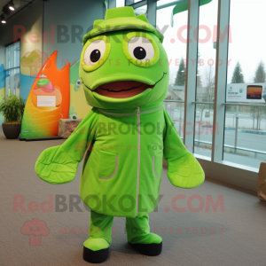 Lime Green Salmon mascot costume character dressed with a Coat and Beanies