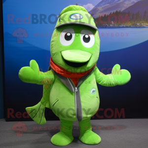 Lime Green Salmon mascot costume character dressed with a Coat and Beanies