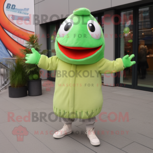 Lime Green Salmon mascot costume character dressed with a Coat and Beanies