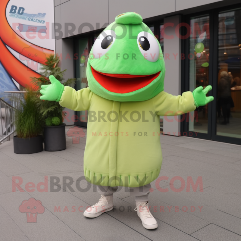 Lime Green Salmon mascot costume character dressed with a Coat and Beanies Lime Green Salmon mascot costume character dressed with a Coat and Beanies