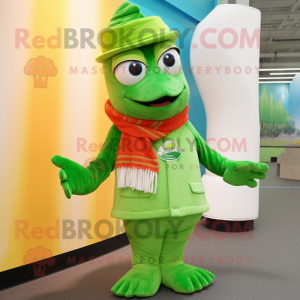 Lime Green Salmon mascot costume character dressed with a Coat and Beanies