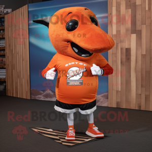 Rust Whale mascot costume character dressed with a Running Shorts and Necklaces
