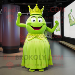 Lime Green Queen mascot costume character dressed with a Henley Tee and Suspenders