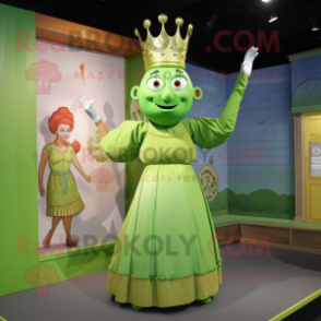 Lime Green Queen mascot costume character dressed with a Henley Tee and Suspenders