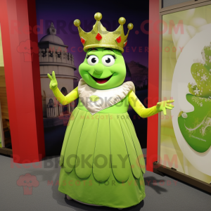 Lime Green Queen mascot costume character dressed with a Henley Tee and Suspenders