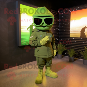 Green Soldier mascot costume character dressed with a Hoodie and Sunglasses