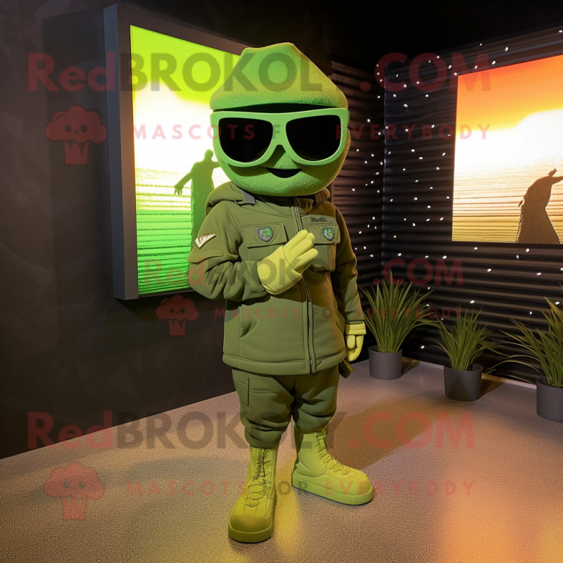 Green Soldier mascot costume character dressed with a Hoodie and Sunglasses Green Soldier mascot costume character dressed with a Hoodie and Sunglasses