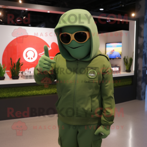 Green Soldier mascot costume character dressed with a Hoodie and Sunglasses