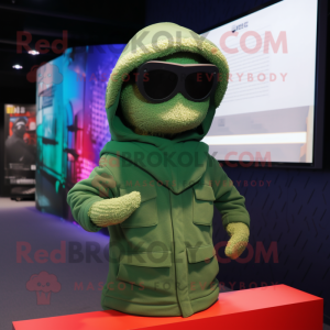 Green Soldier mascot costume character dressed with a Hoodie and Sunglasses