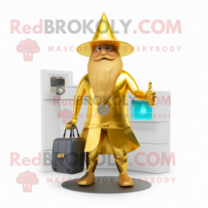 Gold Wizard mascot costume character dressed with a Swimwear and Handbags