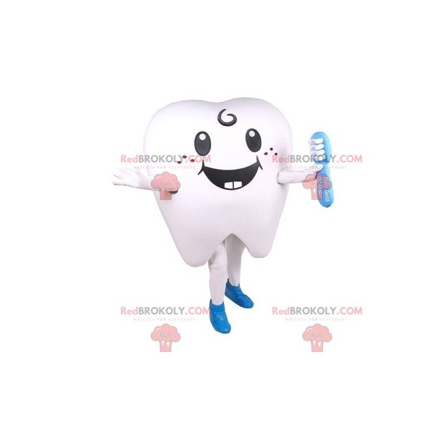 Giant white tooth mascot with a toothbrush - Redbrokoly.com