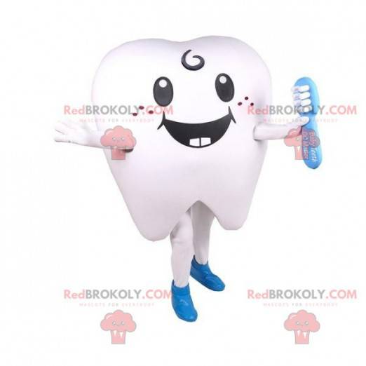 Giant white tooth mascot with a toothbrush - Redbrokoly.com