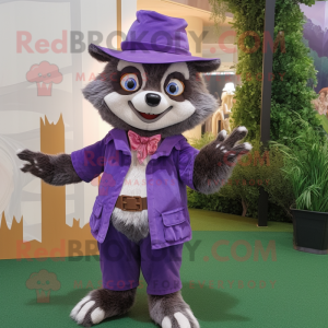 Lavender Raccoon mascot costume character dressed with a Dress Pants and Hats