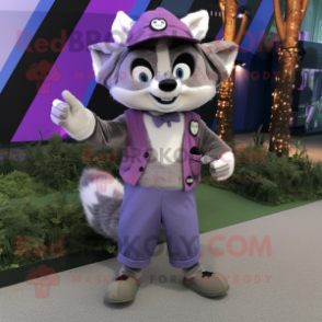 Lavender Raccoon mascot costume character dressed with a Dress Pants and Hats