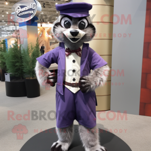 Lavender Raccoon mascot costume character dressed with a Dress Pants and Hats