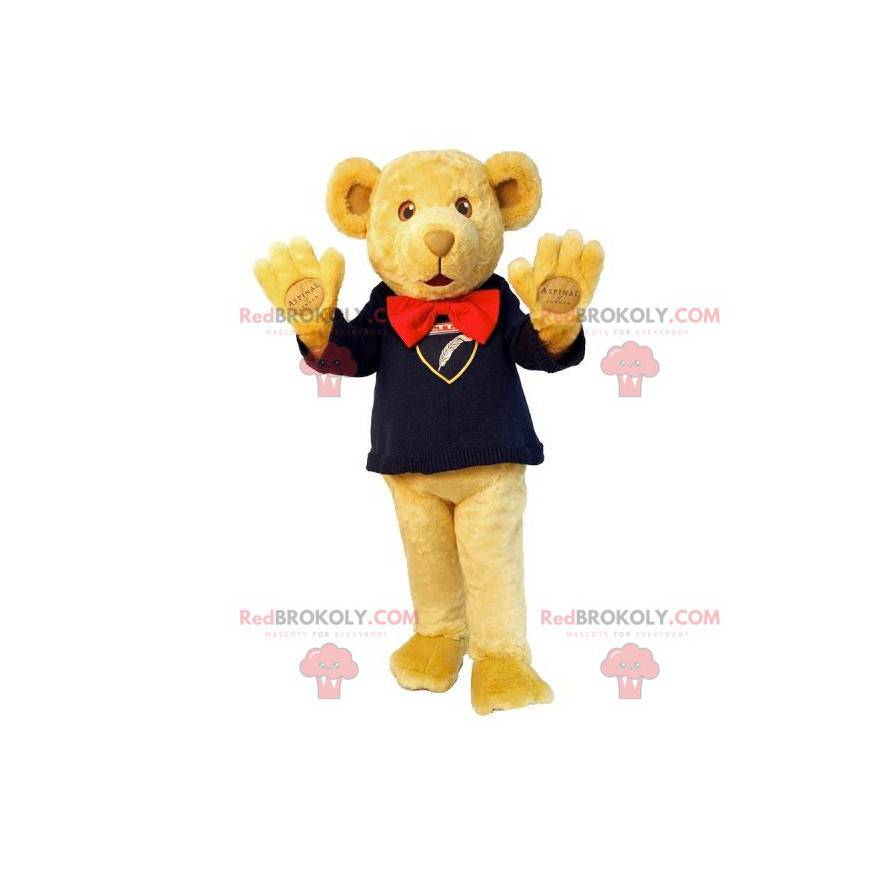 Beige teddy bear mascot with a bow tie - Redbrokoly.com