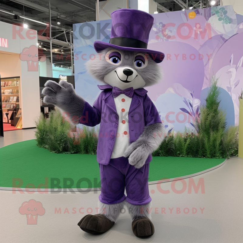 Lavender Raccoon mascot costume character dressed with a Dress Pants and Hats