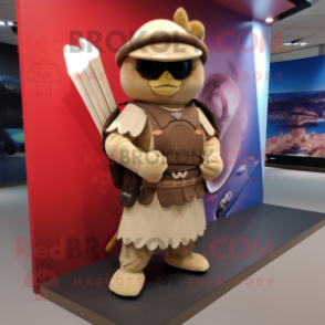 Tan Samurai mascot costume character dressed with a Shorts and Backpacks